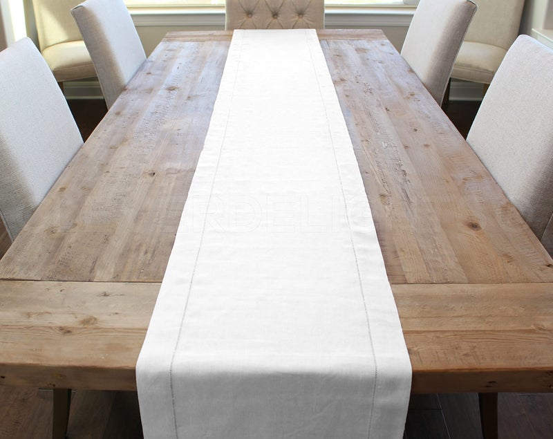 CleverDelights White Hemstitch Table Runner - 16" x 120" - 55/45 Linen Cotton Blend - Image 1